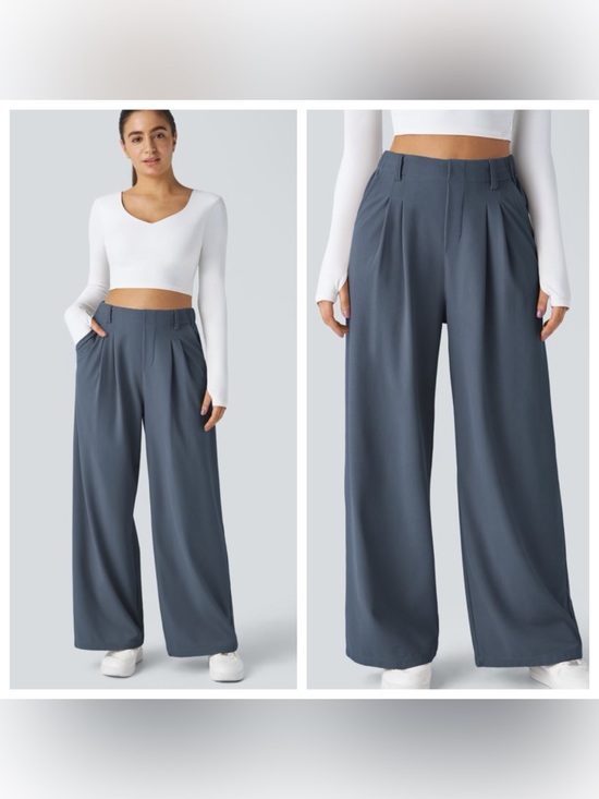HALARA Pants - HALARA Wide-Leg Pleated Trousers in Grisaille